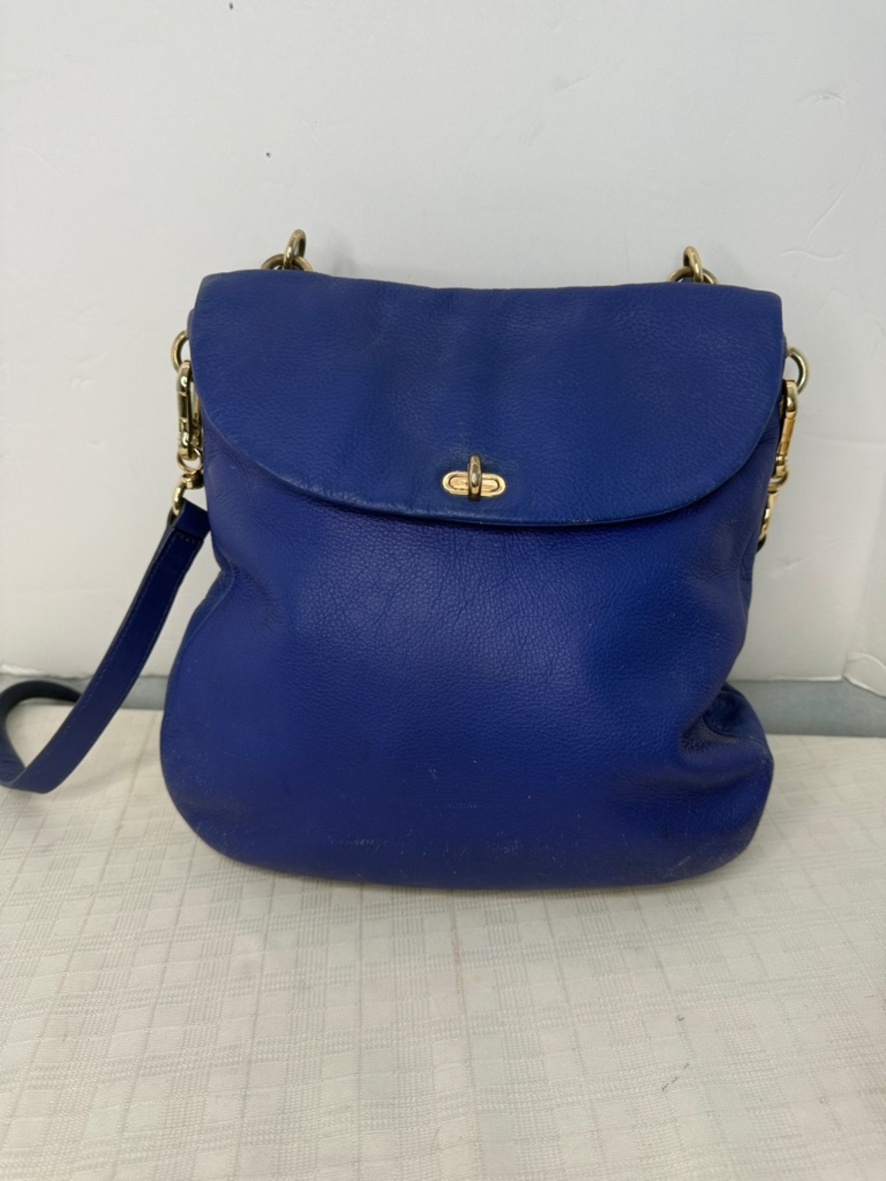 Vintage Henri Bendel Satchel Shoulder Bag Blue Pebbled Leather Detachable Strap